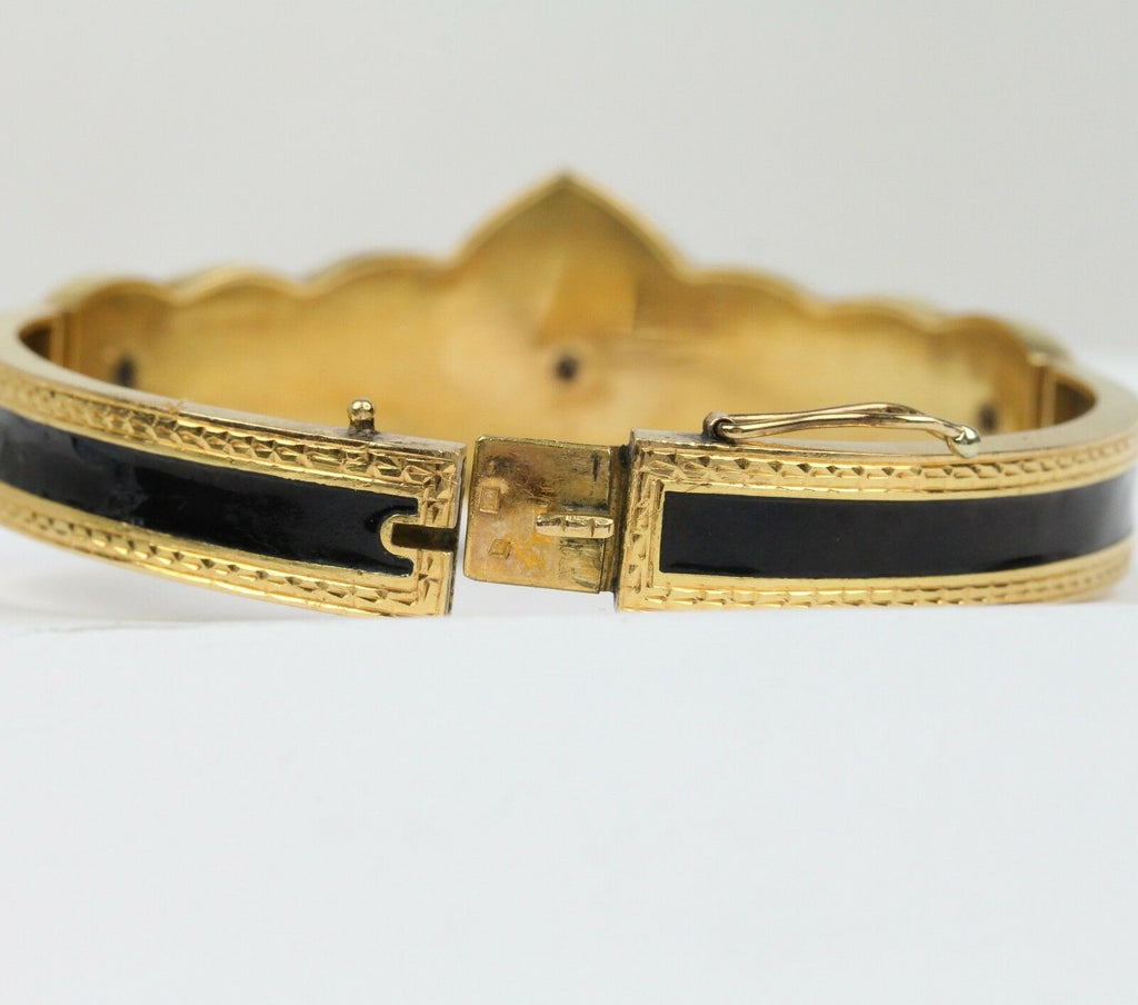 Victorian Mourning Antique Bracelet 18K Yellow Gold Black Enamel & Diamond