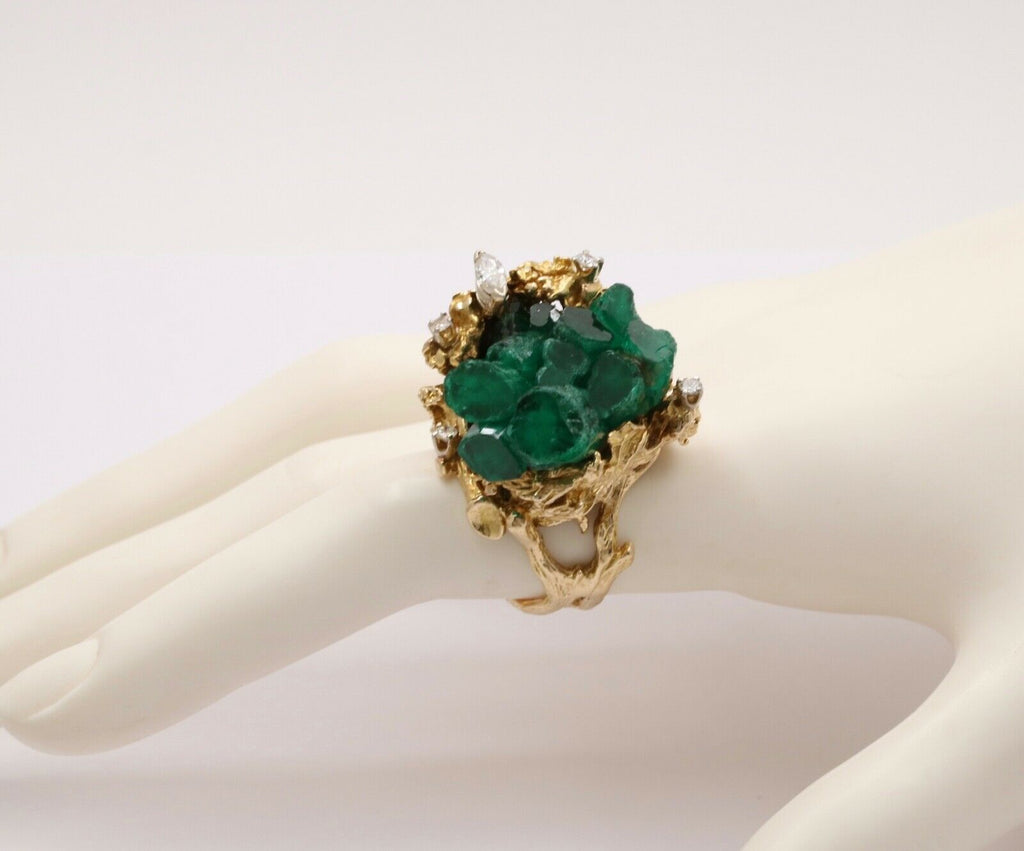 Vintage Brutalist Chatham Emerald Diamonds 14K Yellow Gold Ring