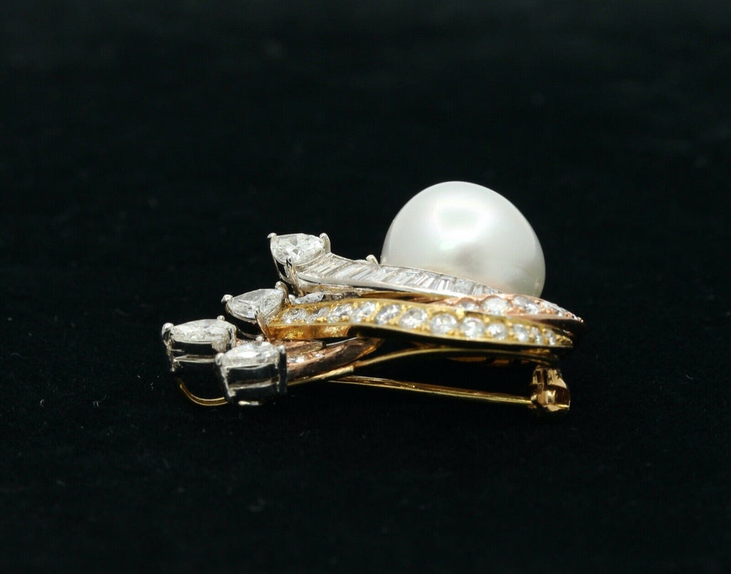 Vintage 14K Rose Yellow White Gold Diamonds 12.6MM Pearl Brooch Pin