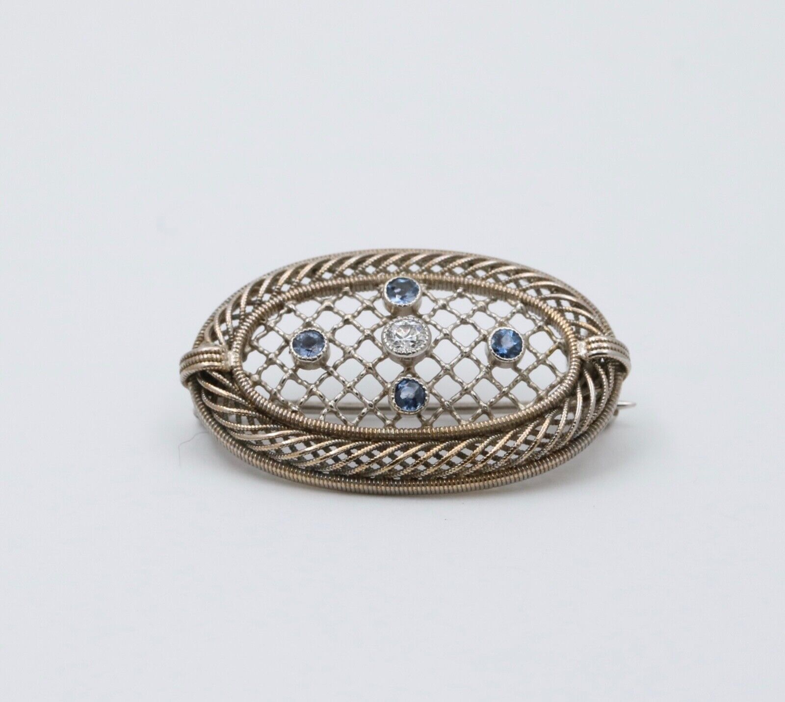 Antique Art Deco Filigree Diamond & Sapphire Brooch, Pin