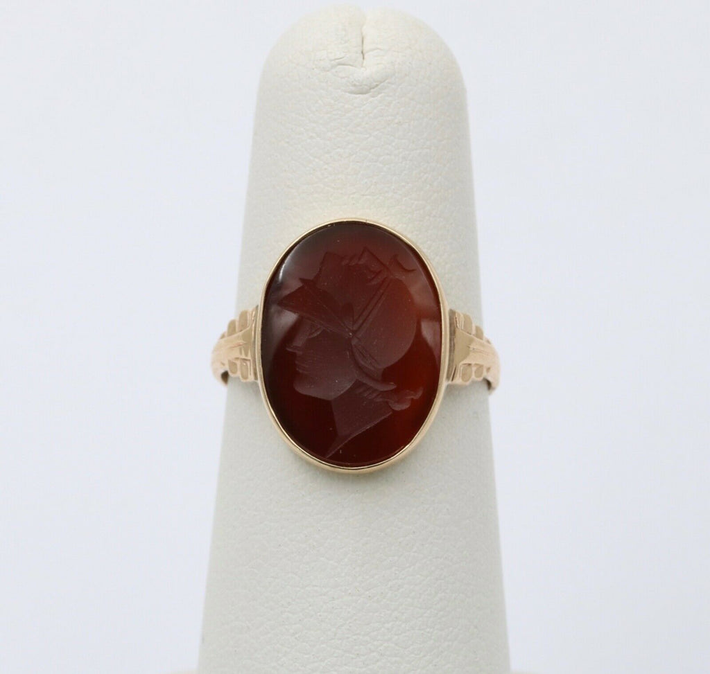 Art Deco Intaglio Carved Carnelian 14K Yellow Gold Signet Ring