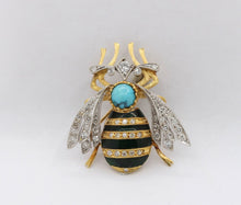 Load image into Gallery viewer, Vintage Honey Bee 18K Diamonds Turquoise Enamel Brooch Pin
