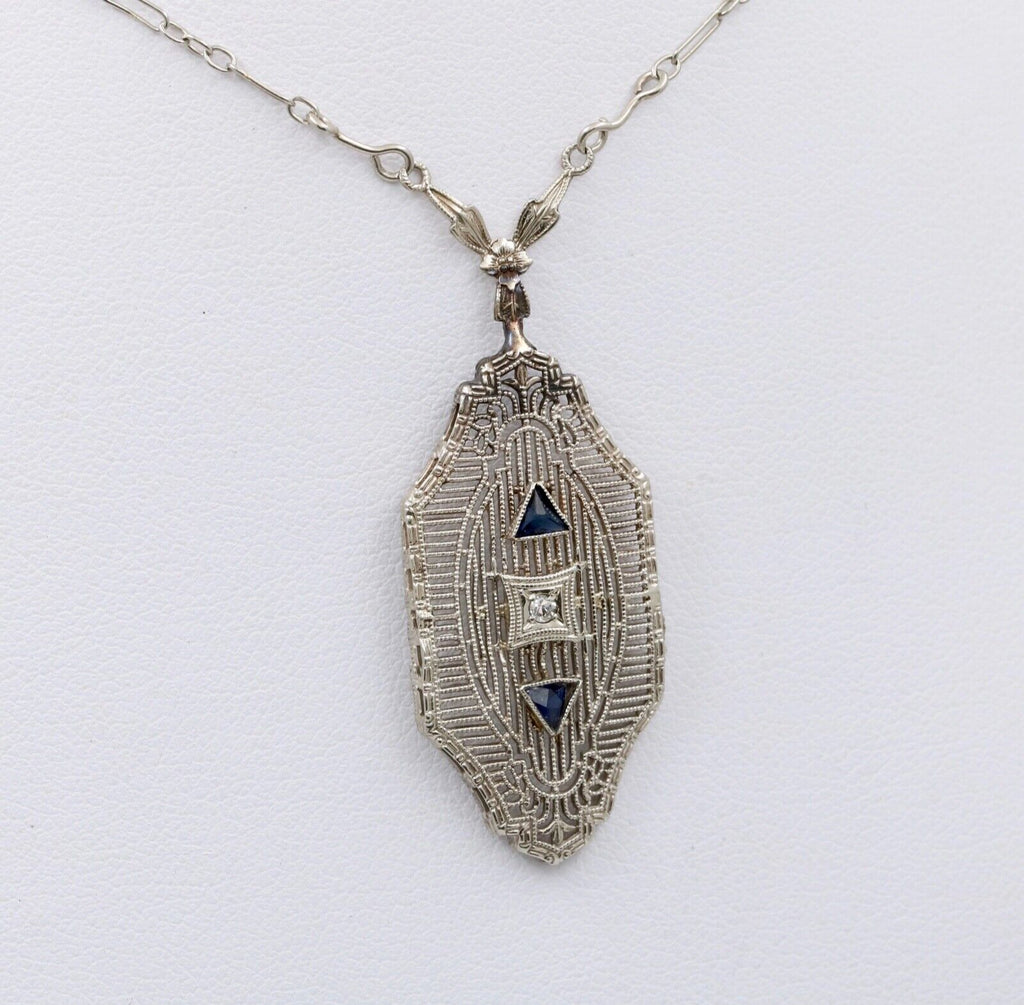 Art Deco 10K Gold Filigree Diamond & Sapphire Pendant Necklace