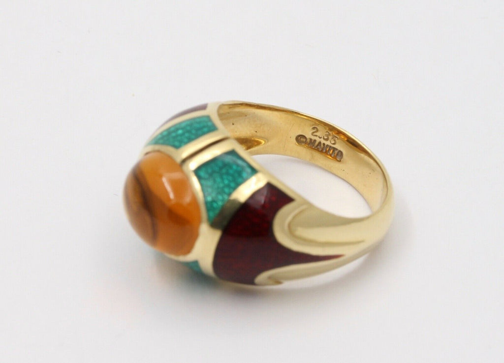 Unique Estate Mavito Citrine Guilloche Enamel 18K Gold Dome Ring,