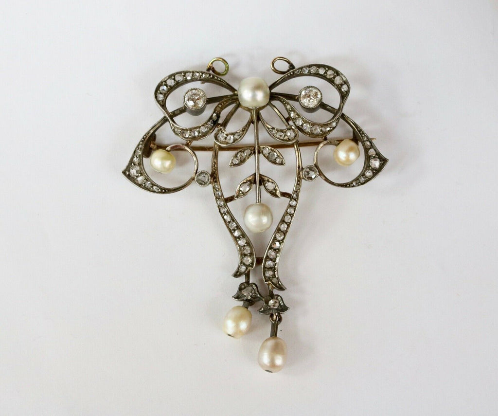 Victorian Gold Over Silver Diamonds Pearls Brooch Pendant