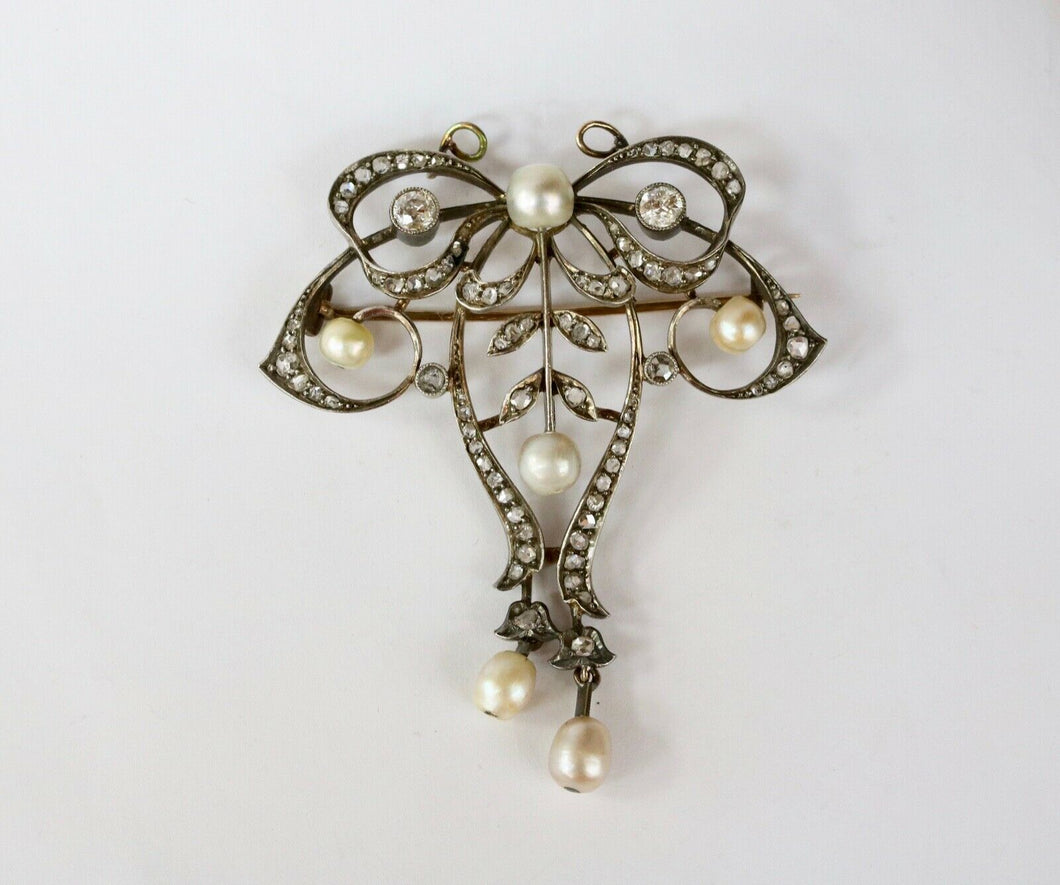 Victorian Gold Over Silver Diamonds Pearls Brooch Pendant