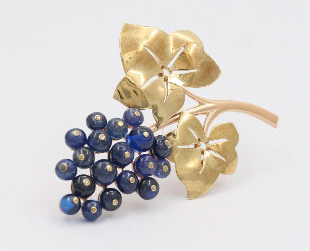 Vintage 14K Yellow Gold Sapphire Grape Brooch