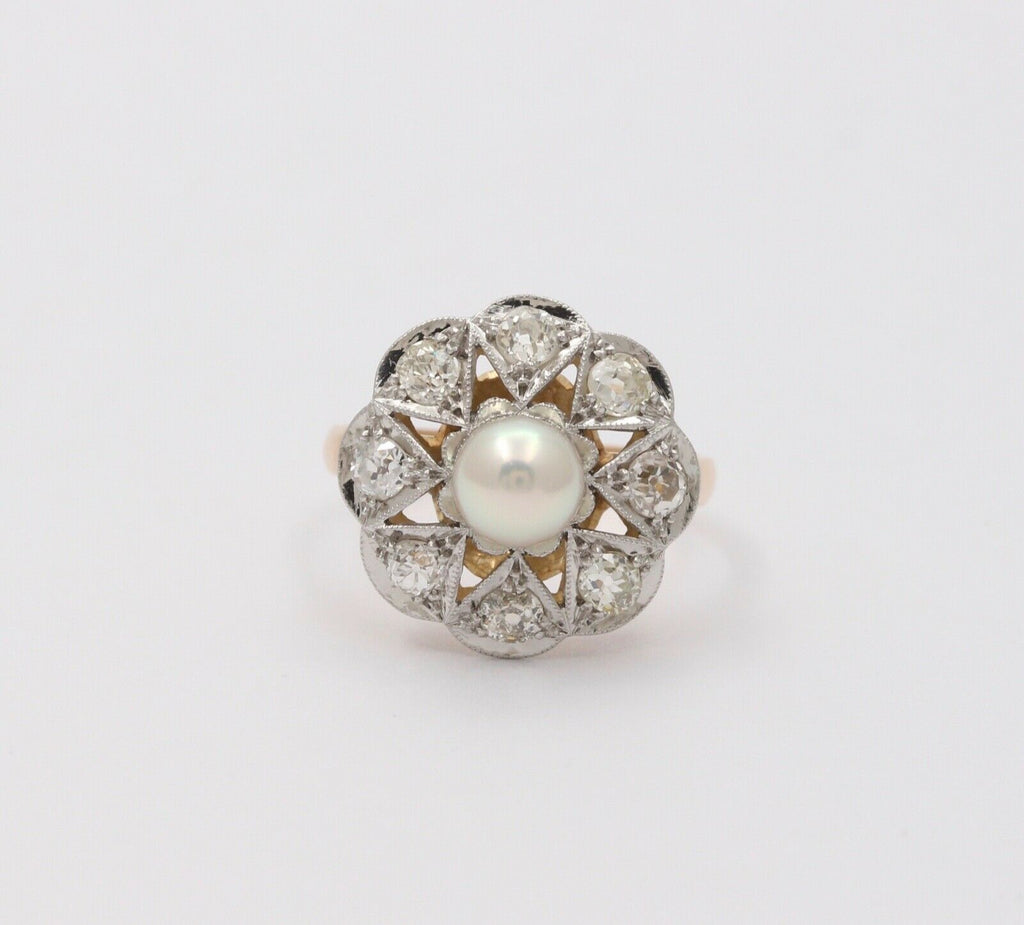 Edwardian Old European Diamonds Natural Pearl Platinum 18K YG Ring