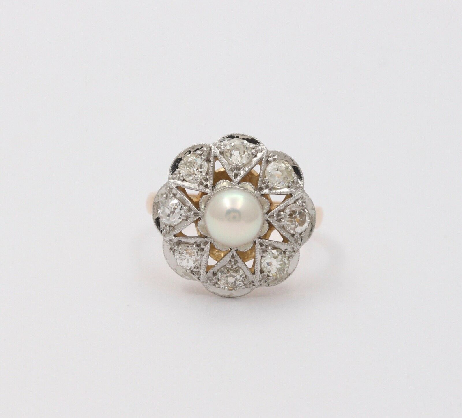 Edwardian Old European Diamonds Natural Pearl Platinum 18K YG Ring