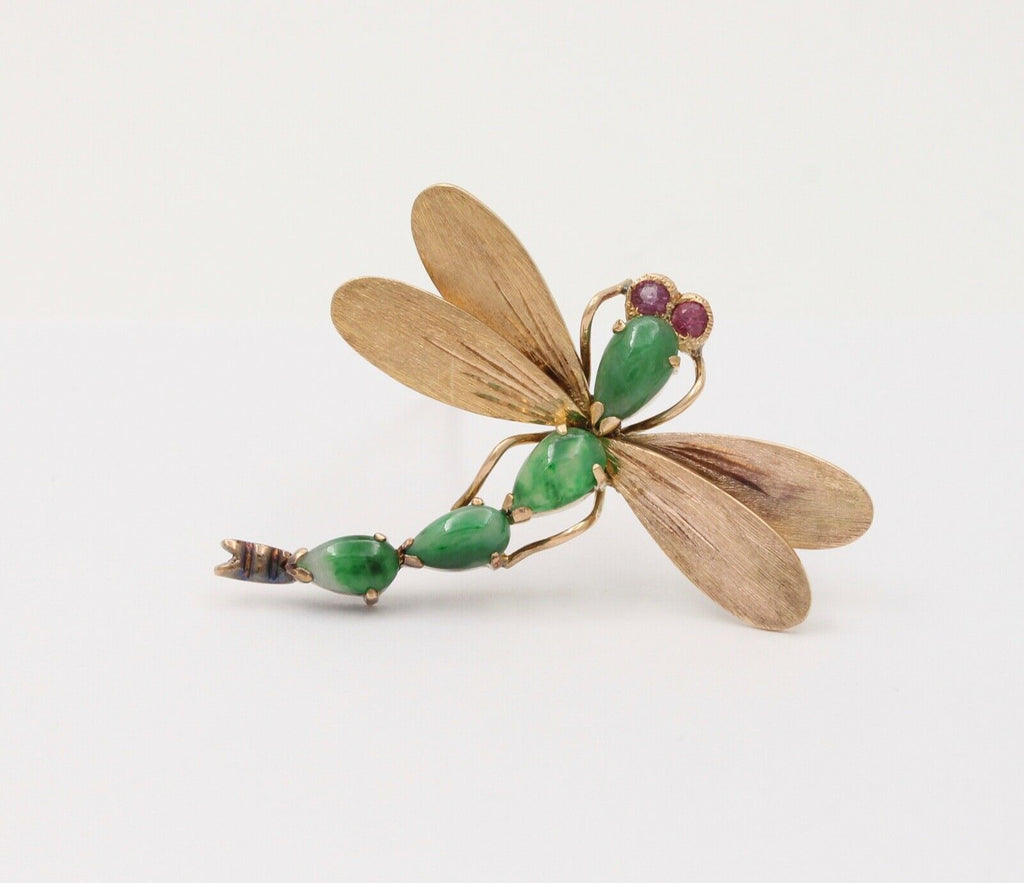 Vintage Dragonfly Jade Tourmalines 14K Yellow Gold Brooch Pin