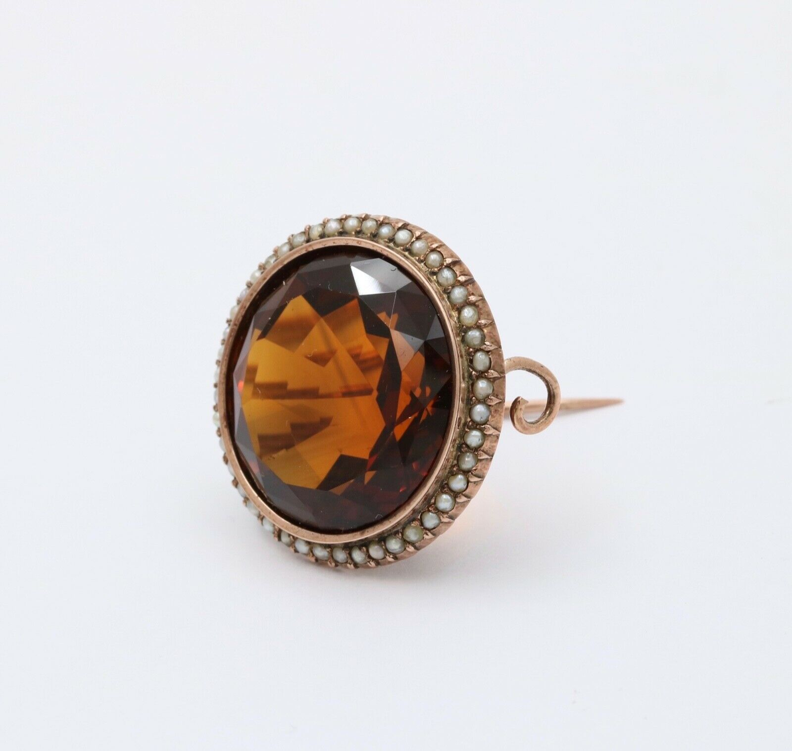 Vintage 14K Rose Gold Madeira Citrine Seed Pearl Halo Brooch.