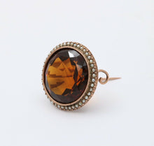 Load image into Gallery viewer, Vintage 14K Rose Gold Madeira Citrine Seed Pearl Halo Brooch.
