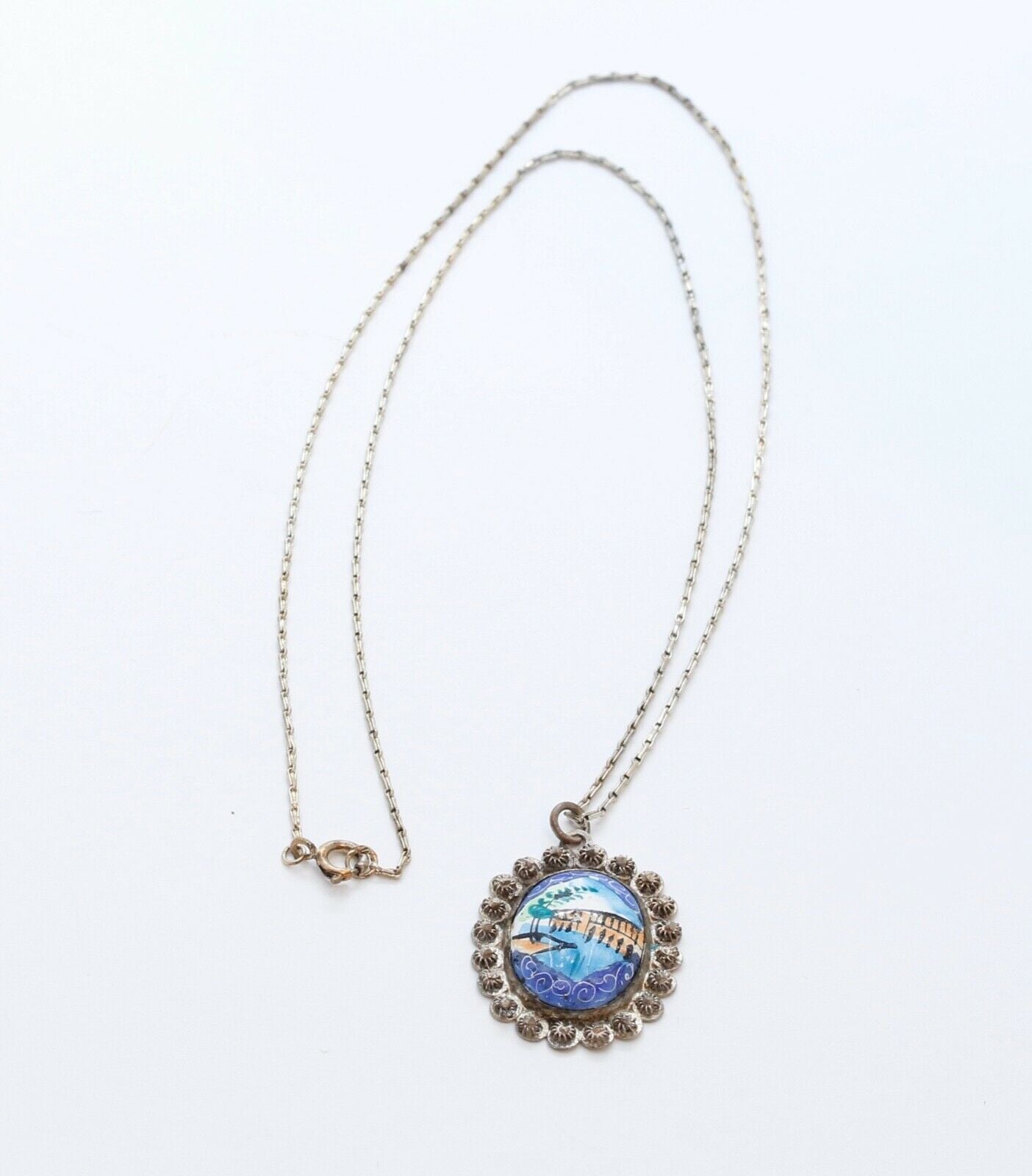 Beautiful Vintage 925 Silver Enamel Portrait Floral Pendant and Chain