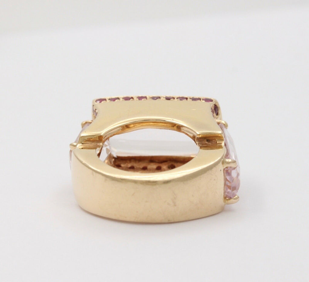Striking 14K Yellow Gold Pink Kunzite And Ruby Tank Ring, Statement Ring