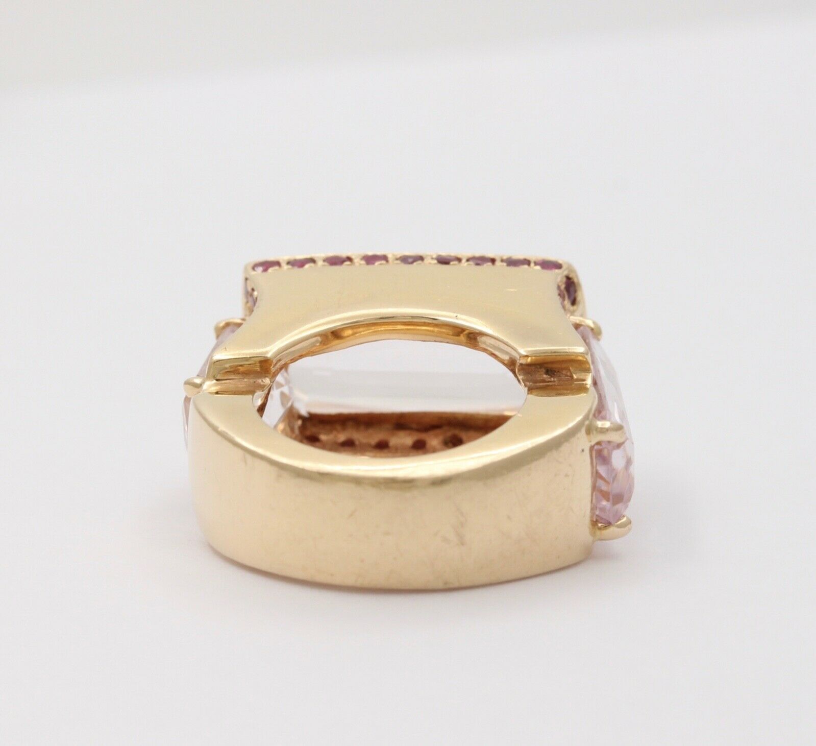 Striking 14K Yellow Gold Pink Kunzite And Ruby Tank Ring, Statement Ring