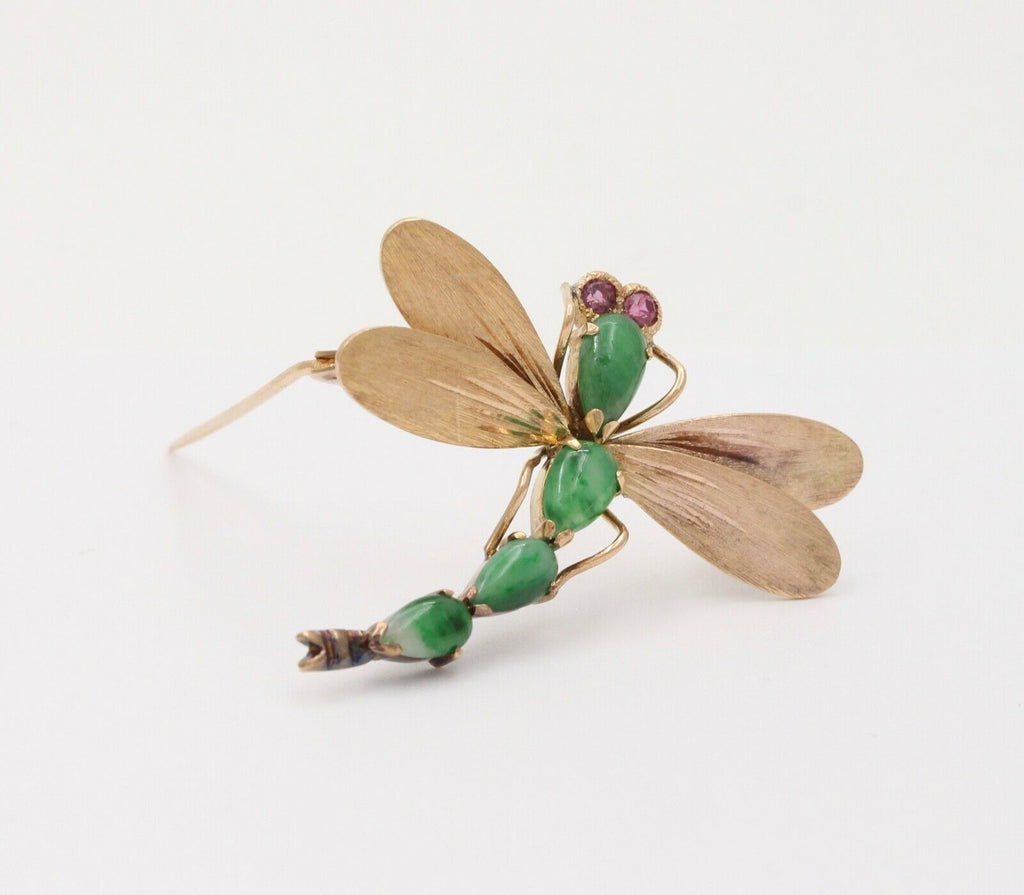 Vintage Dragonfly Jade Tourmalines 14K Yellow Gold Brooch Pin