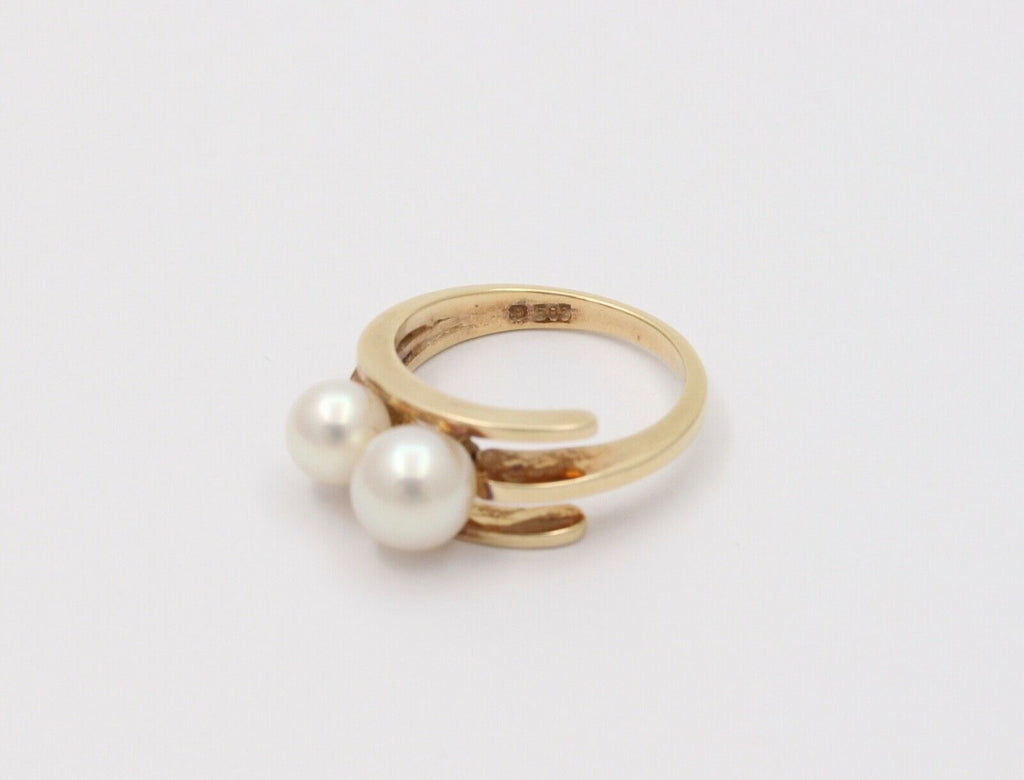 Vintage Mikimoto 14K Yellow Gold Akoya Pearls Bypass Ring