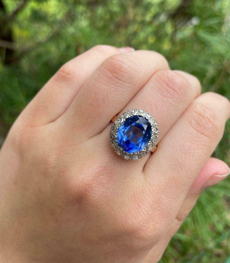 Victorian 18K Yellow Gold Rose Cut Diamond Sapphire Cocktail Ring