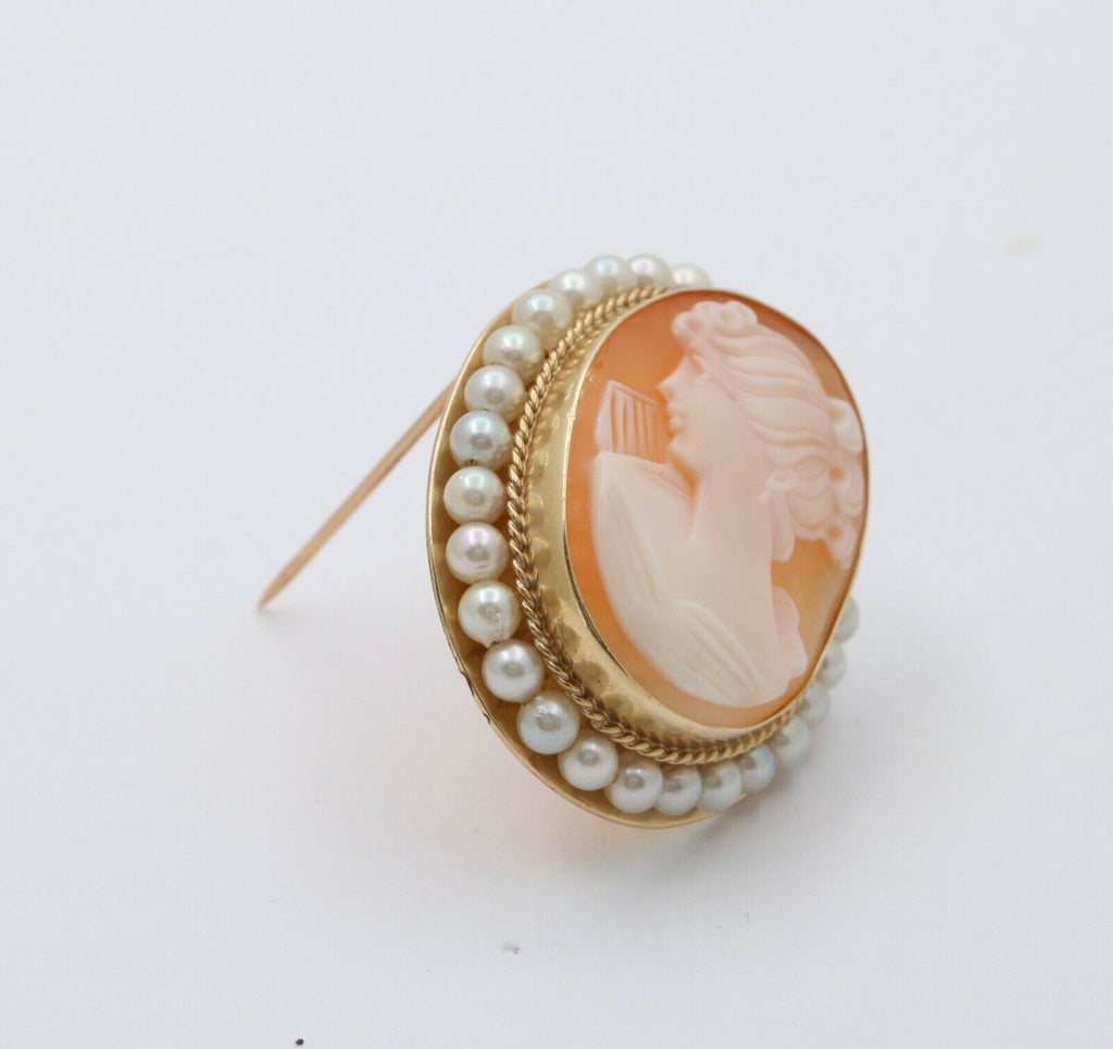 Vintage Carved Shell Cameo Pearls 14K Yellow Gold Brooch Pendant