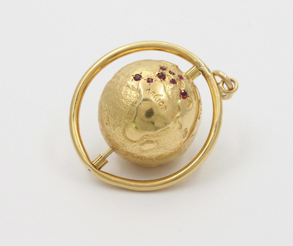 Vintage Spinning Globe Rubies 14K Yellow Gold Pendant Charm