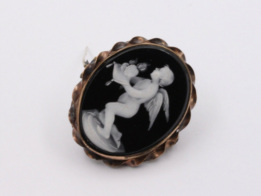Victorian Cherub Angel Enamel 10K Rose Gold Brooch