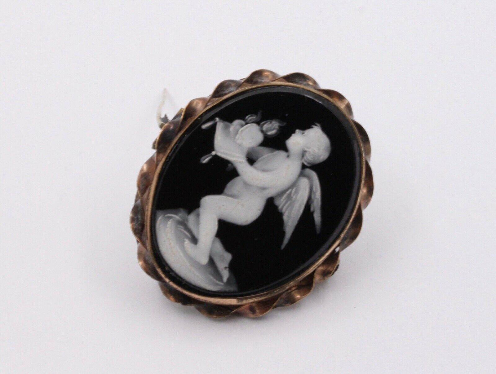 Victorian Cherub Angel Enamel 10K Rose Gold Brooch