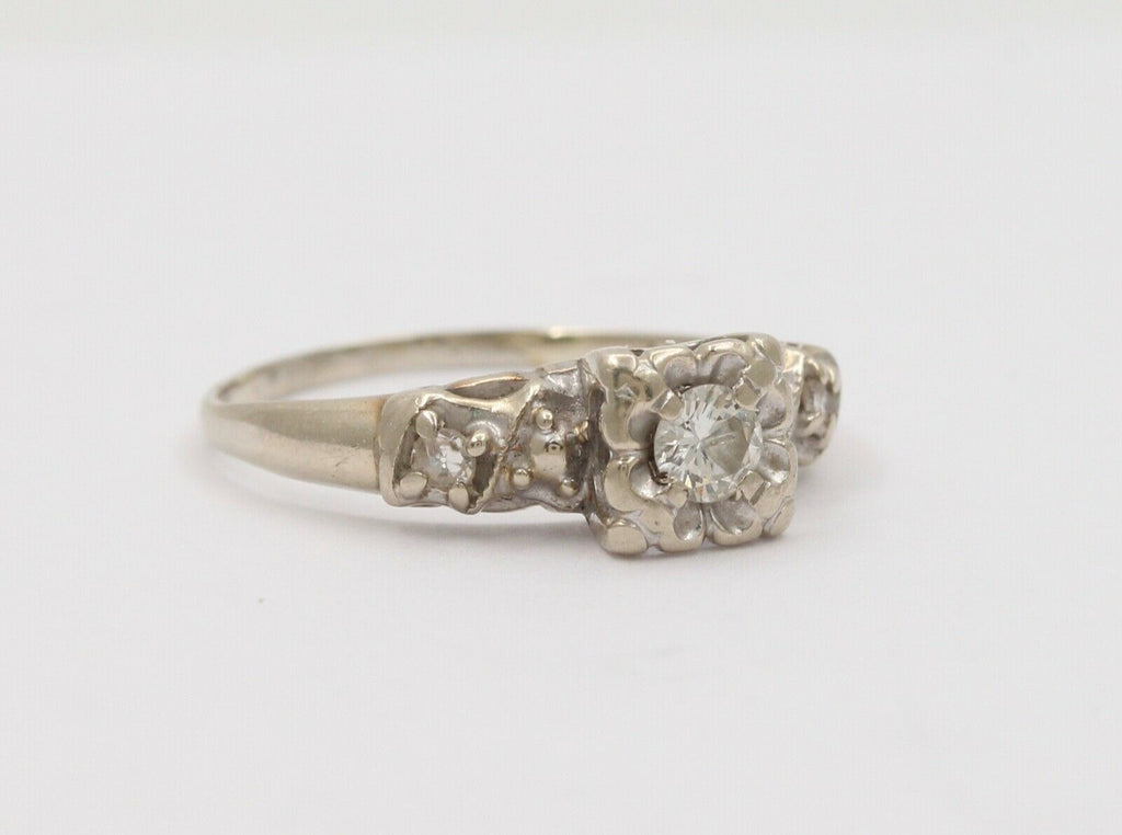 Art Deco 14K White Gold Diamond Ring, Engagement Ring, Stacking Ring