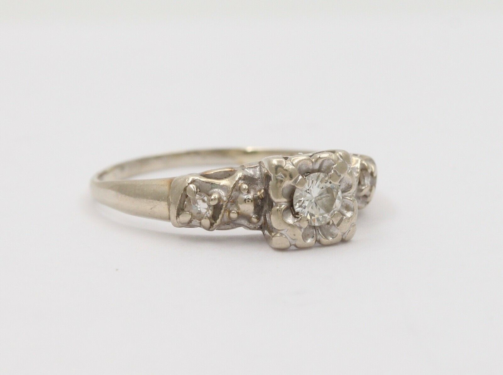 Art Deco 14K White Gold Diamond Ring, Engagement Ring, Stacking Ring