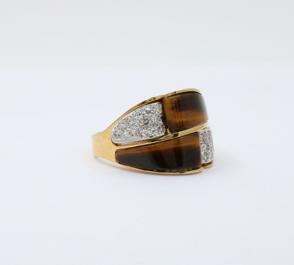 Vintage Italian Tiger's Eye Diamonds 18K Yellow Gold Ring