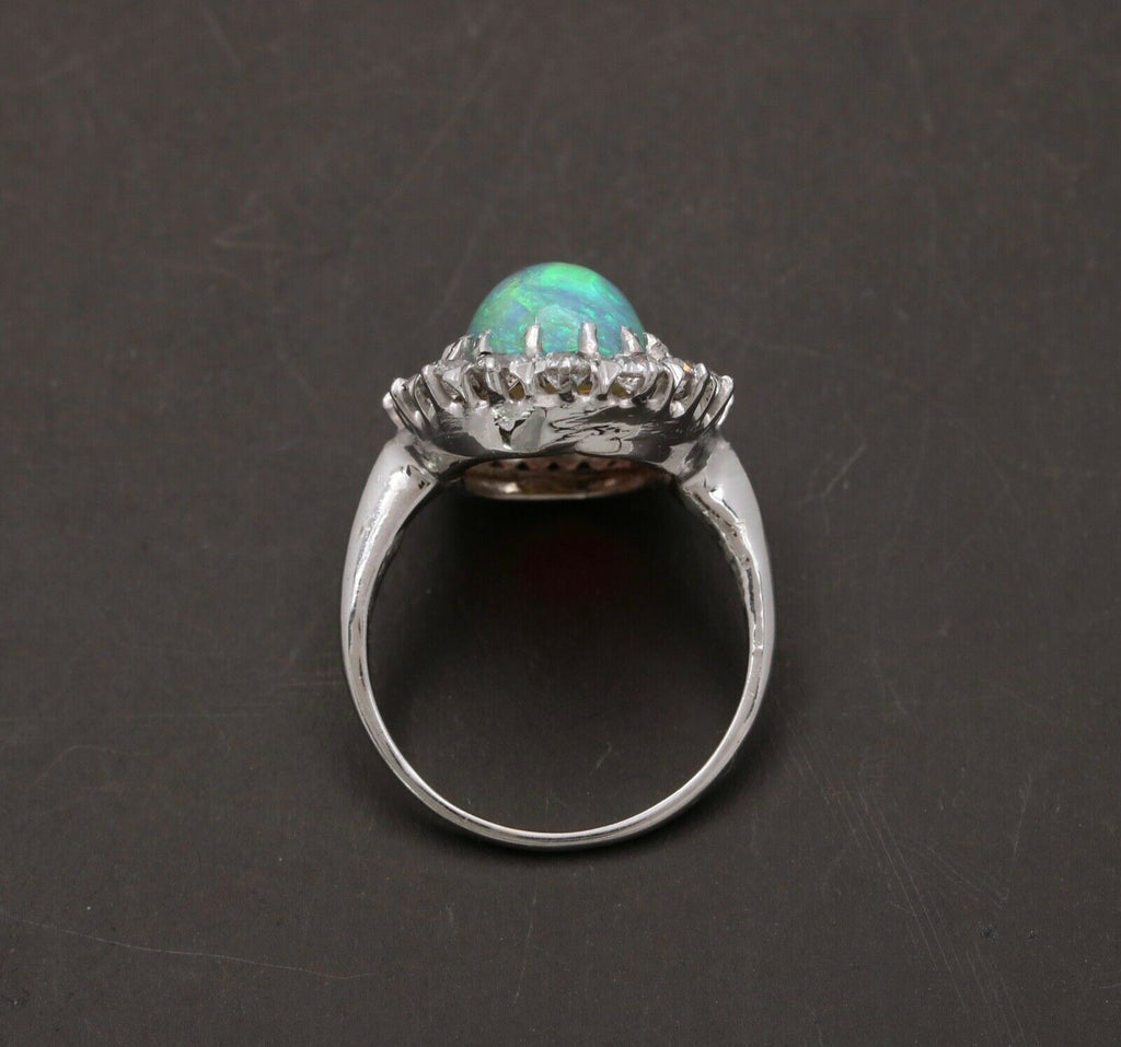 Art Deco Platinum Australia Opal & Old Mine Cut Diamond Halo Engagement Ring
