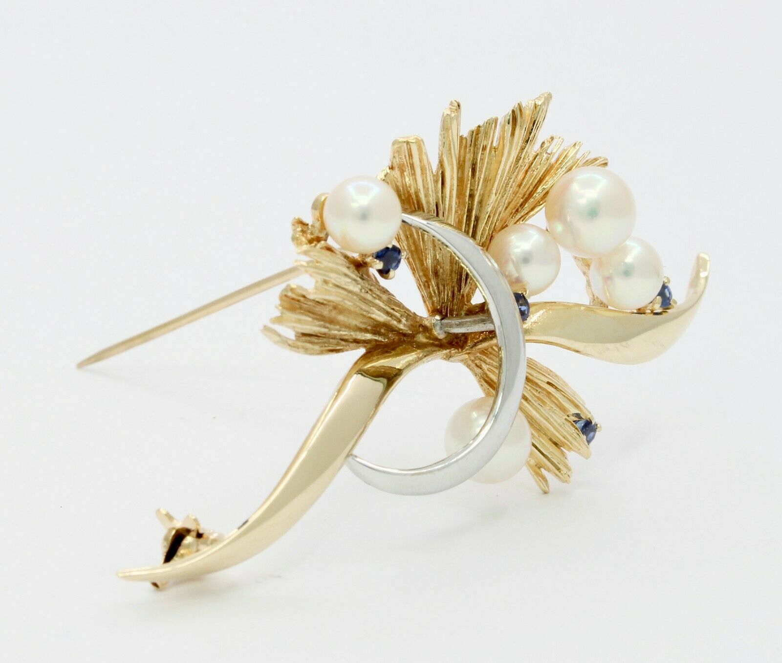 Vintage 14K Yellow Gold Mikimoto Pearl & Sapphire Brooch