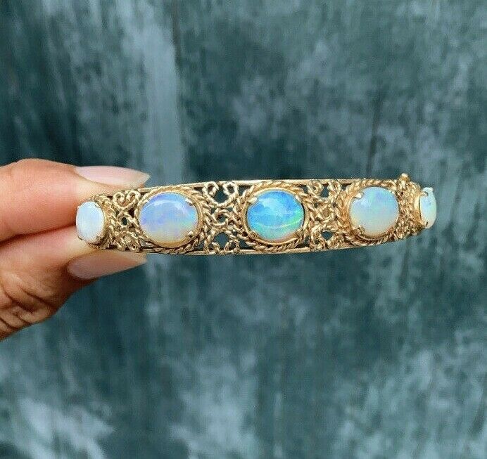Vintage 14K Gold Rope Knot 5 Opal Bangle, Bracelet.