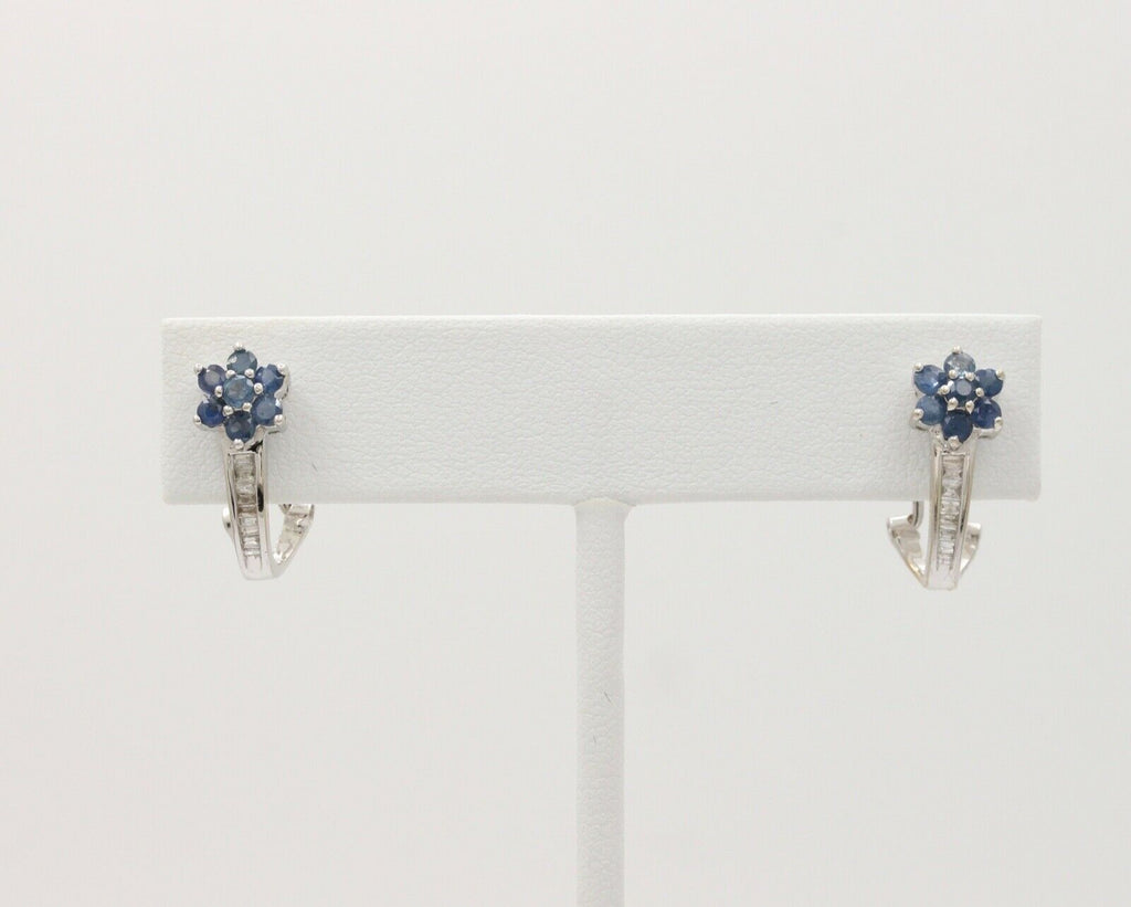 Vintage Flower Blue Sapphires Baguette Diamonds 14K White Gold Earrings