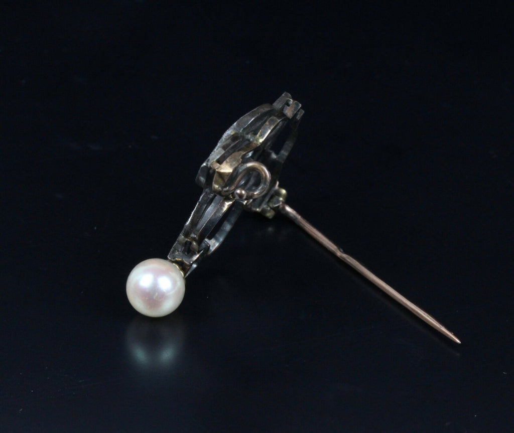 Victorian 10K Yellow Gold and Silver Diamond Pearl Brooch