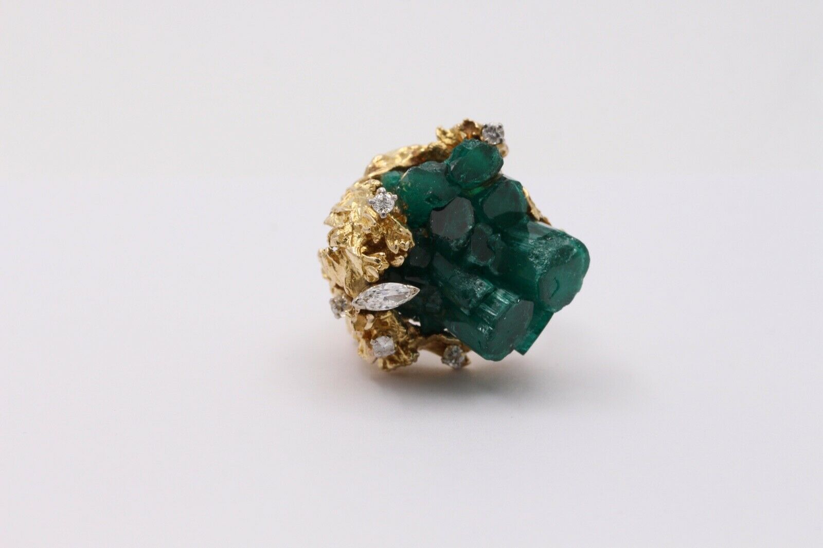 Vintage Brutalist Chatham Emerald Diamonds 14K Yellow Gold Ring