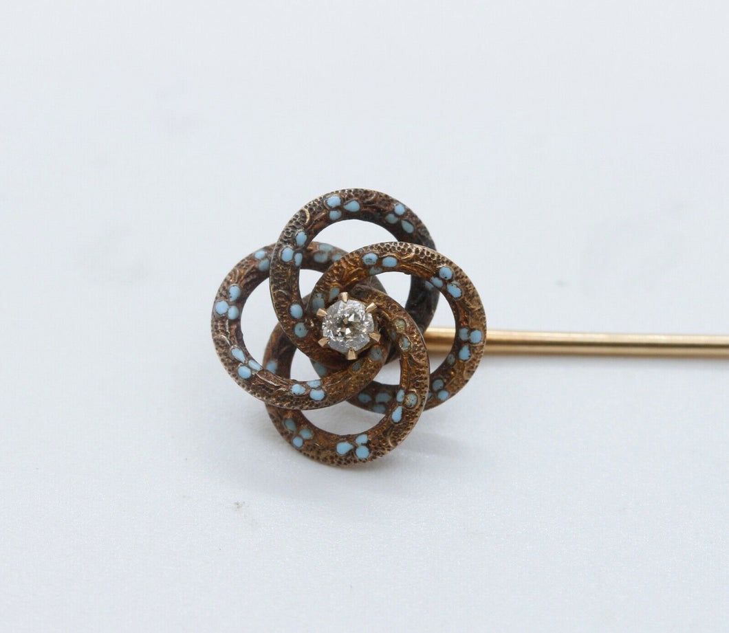 Rare Victorian Diamond Enamel 14K Yellow Gold Stick Pin