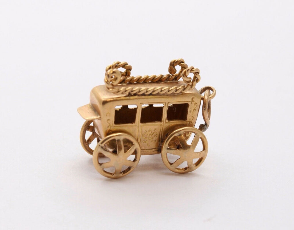 Vintage 14K Yellow Gold Carriage Stage Coach Pendant Charm Movable Wheels