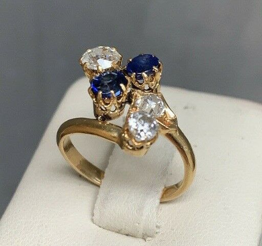 Vintage 18K Gold Chunky Old Mine Cut Diamond & Sapphire Snake Wrap Bypass Ring.