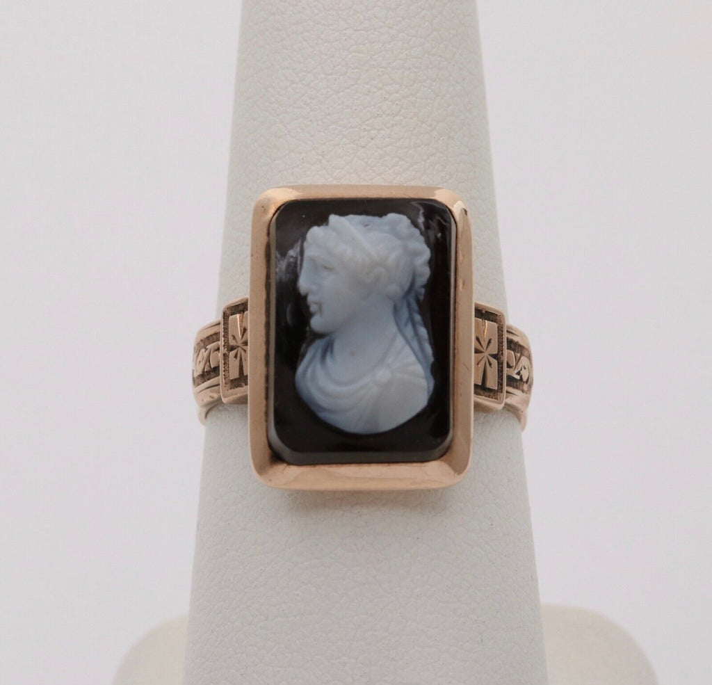 Edwardian Victorian Cameo Onyx 10K Rose Gold Ring