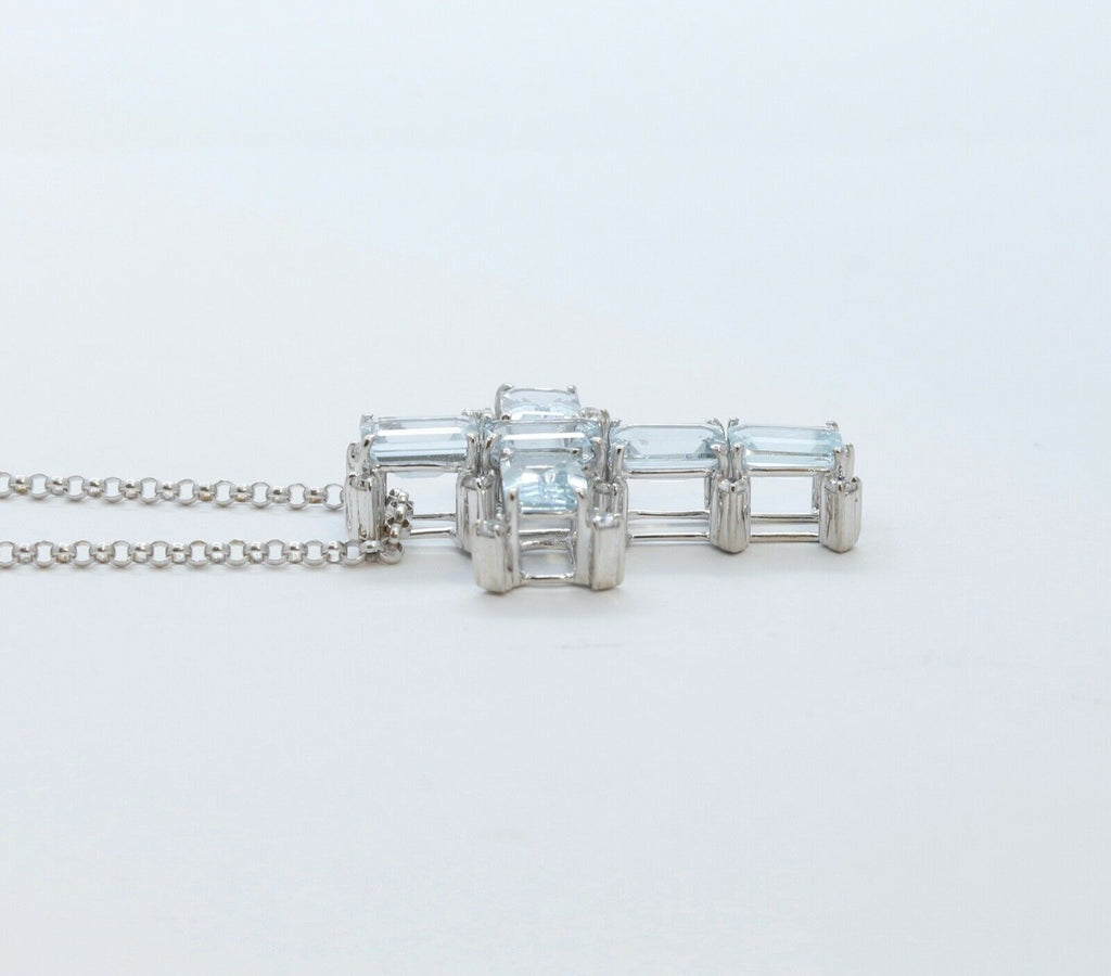 Vintage Ladies Aquamarine Diamonds 18K White Gold Cross and Chain