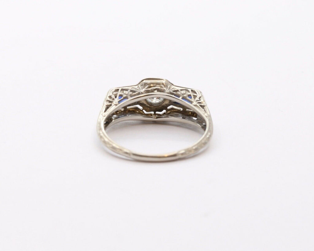 Art Deco 18K White Gold Diamond & Synthetic Sapphire Ring