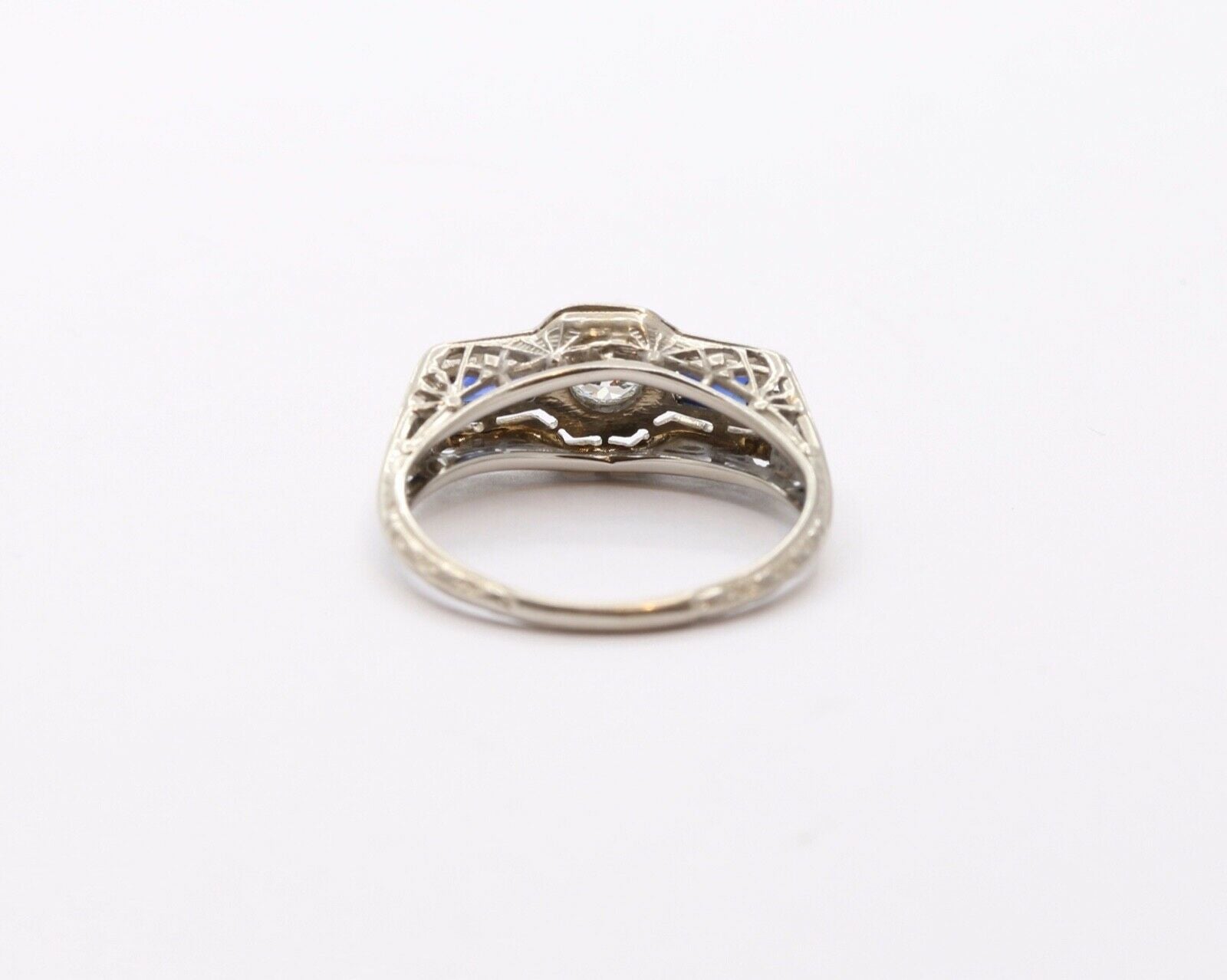 Art Deco 18K White Gold Diamond & Synthetic Sapphire Ring