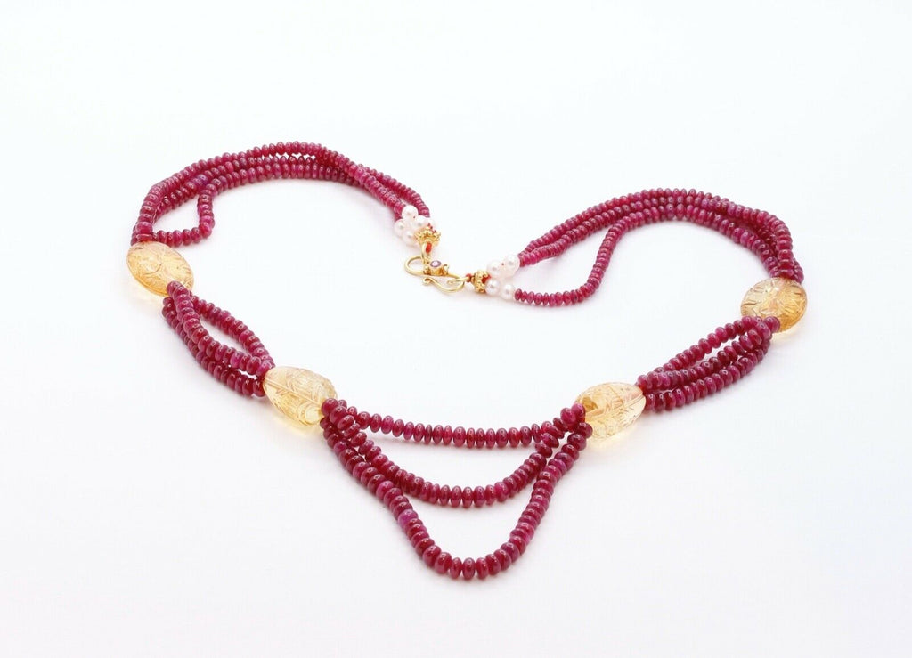 Vintage Ruby Citrine Pearls 18K Yellow Gold Bead Strand Necklace