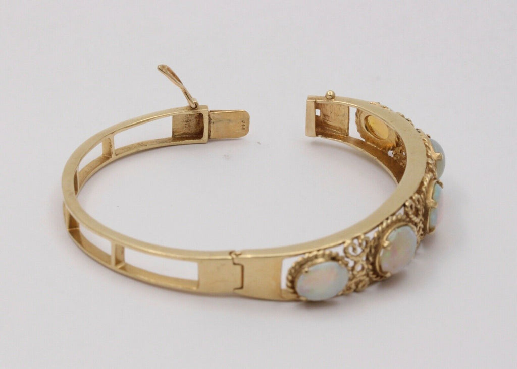Vintage 14K Gold Rope Knot 5 Opal Bangle, Bracelet.