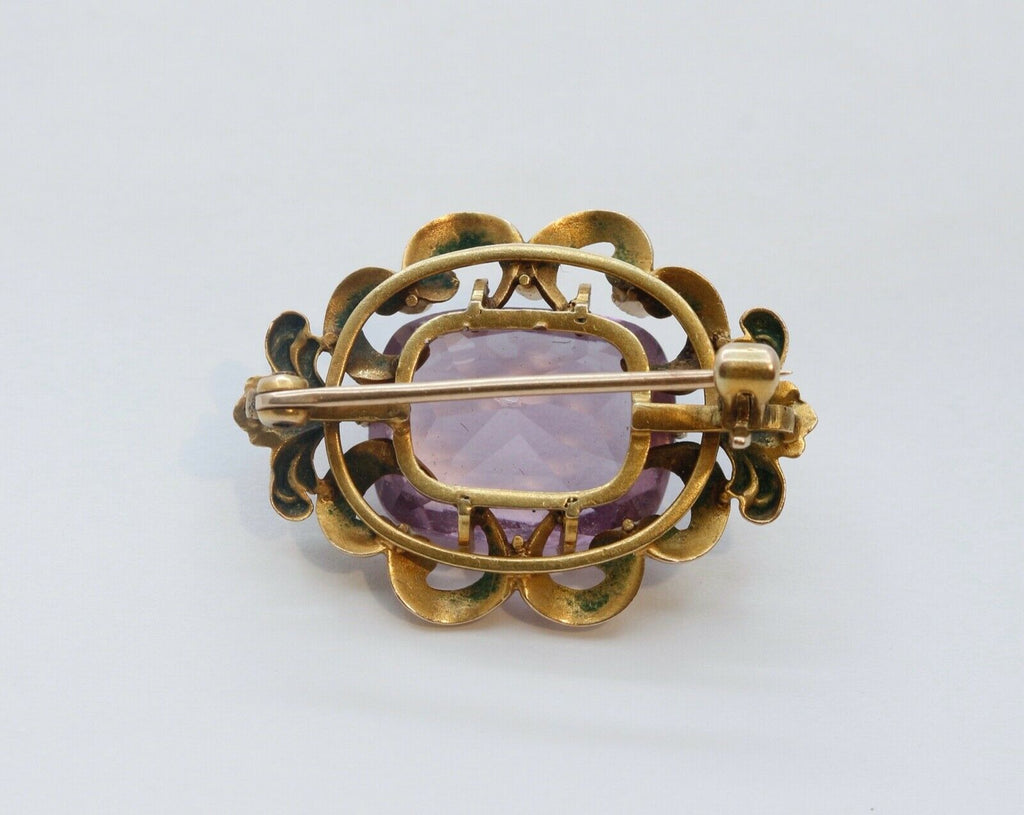 Art Nouveau Amethyst Seed Pearls 10K Yellow Gold Brooch Pin