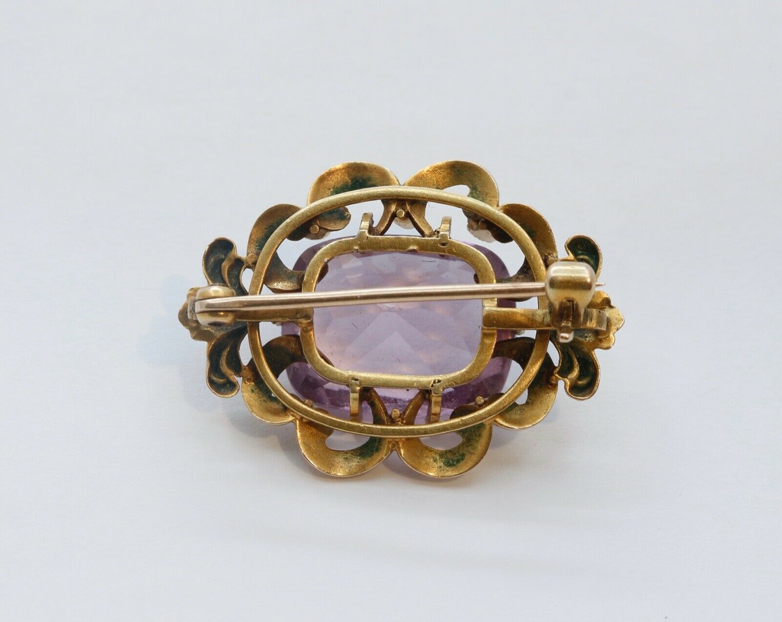Art Nouveau Amethyst Seed Pearls 10K Yellow Gold Brooch Pin