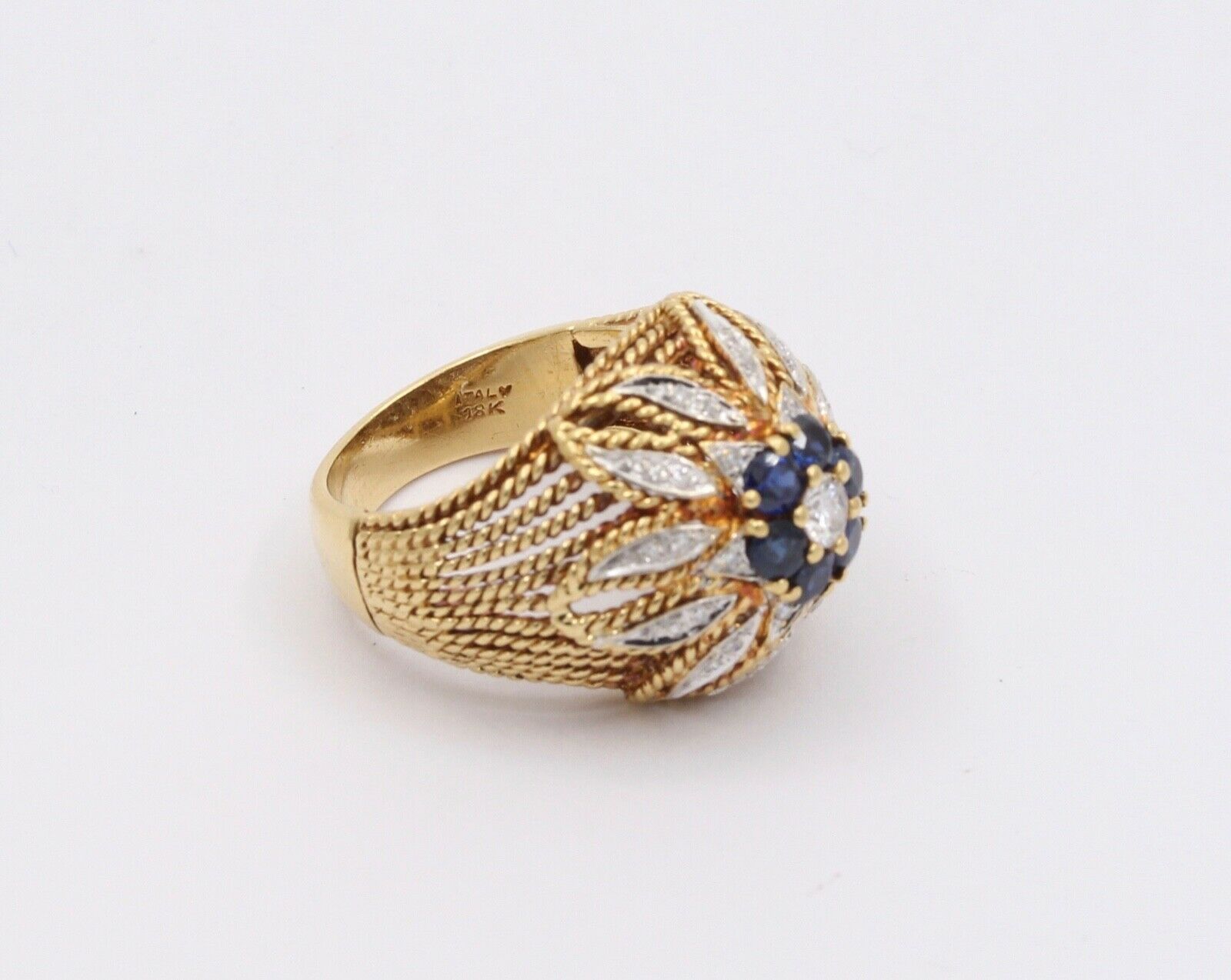 Italian Vintage High Dome Cluster Ring Sapphires Diamonds 18K YG WG Ring