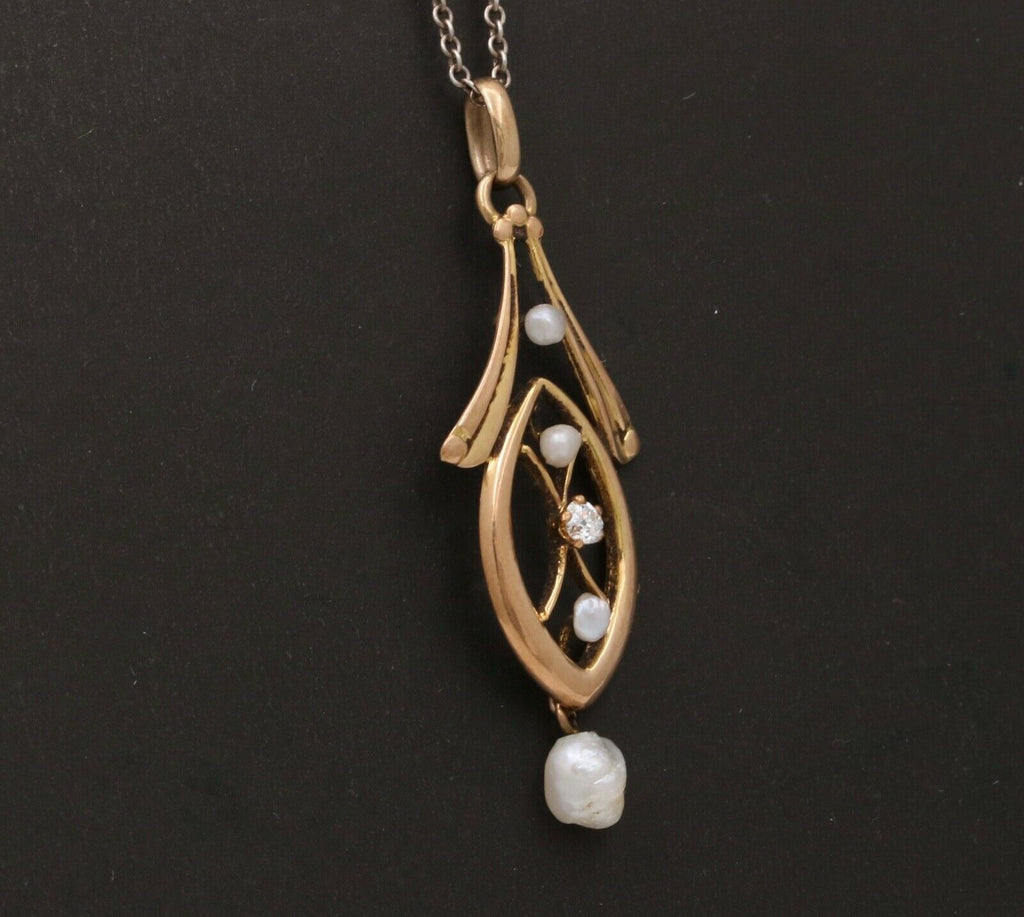 Art Nouveau Diamond Seed Pearls 10K Yellow Gold Pendant