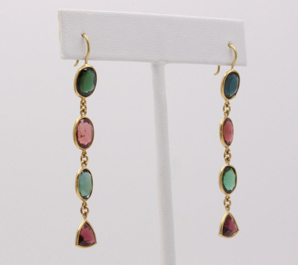 Vintage Pink Green Tourmaline 18K Yellow Gold Dangle Earrings