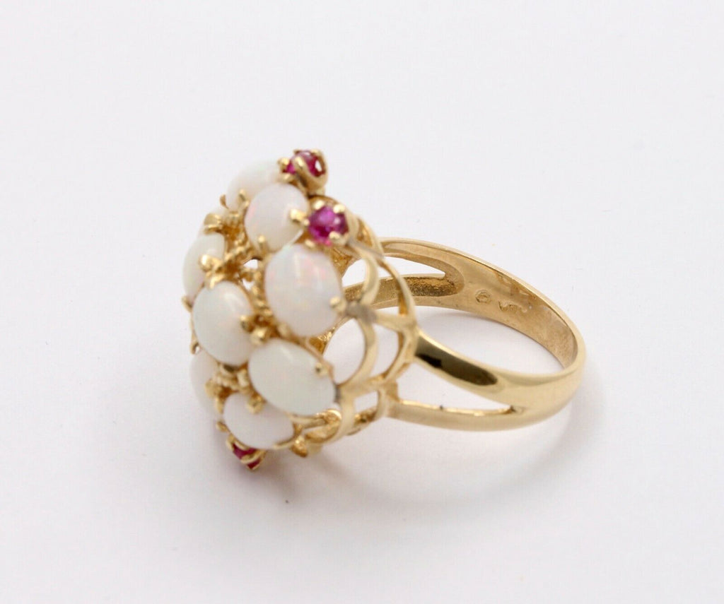 Vintage 14K Yellow Gold Opal Cluster Ruby Ring